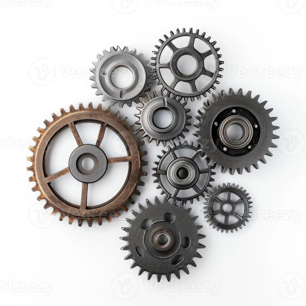 AI generated Metal gears and cogs fit together isolated on a white background, Ai Generated. photo