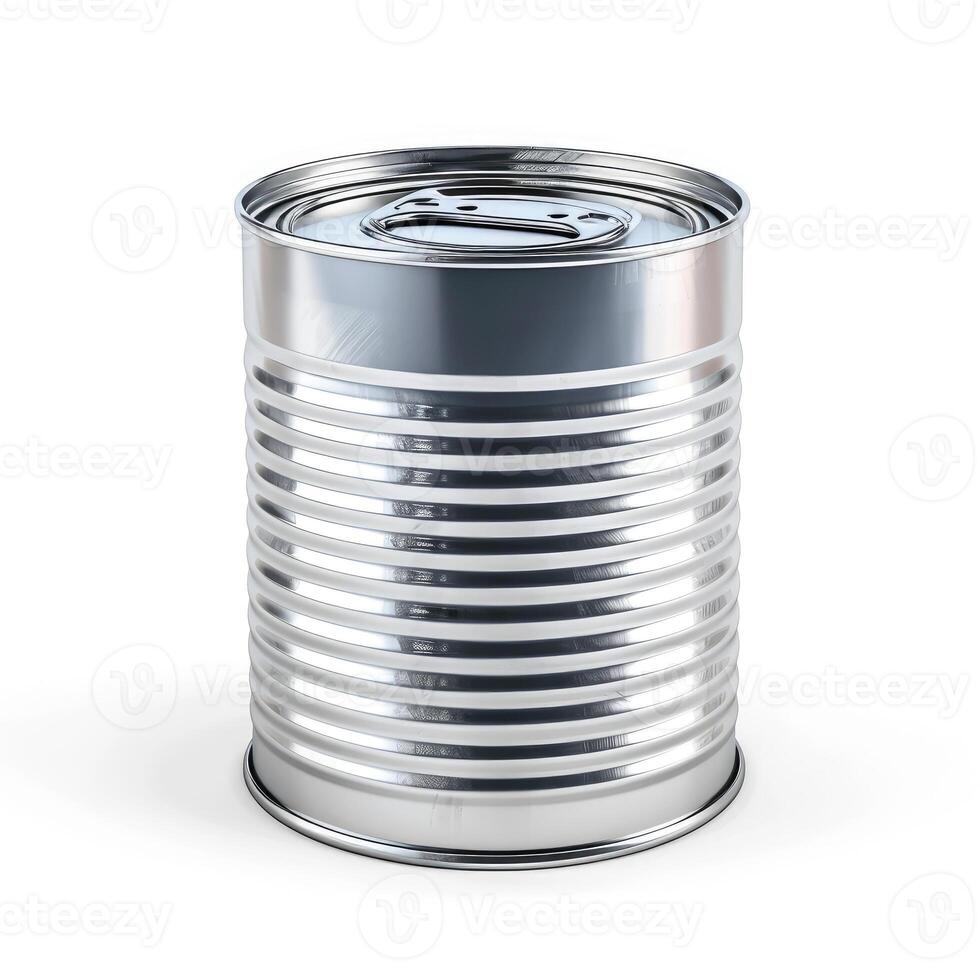 AI generated Modern metal tin can for packaged goods and food isolated on a white background, Ai Generated. photo