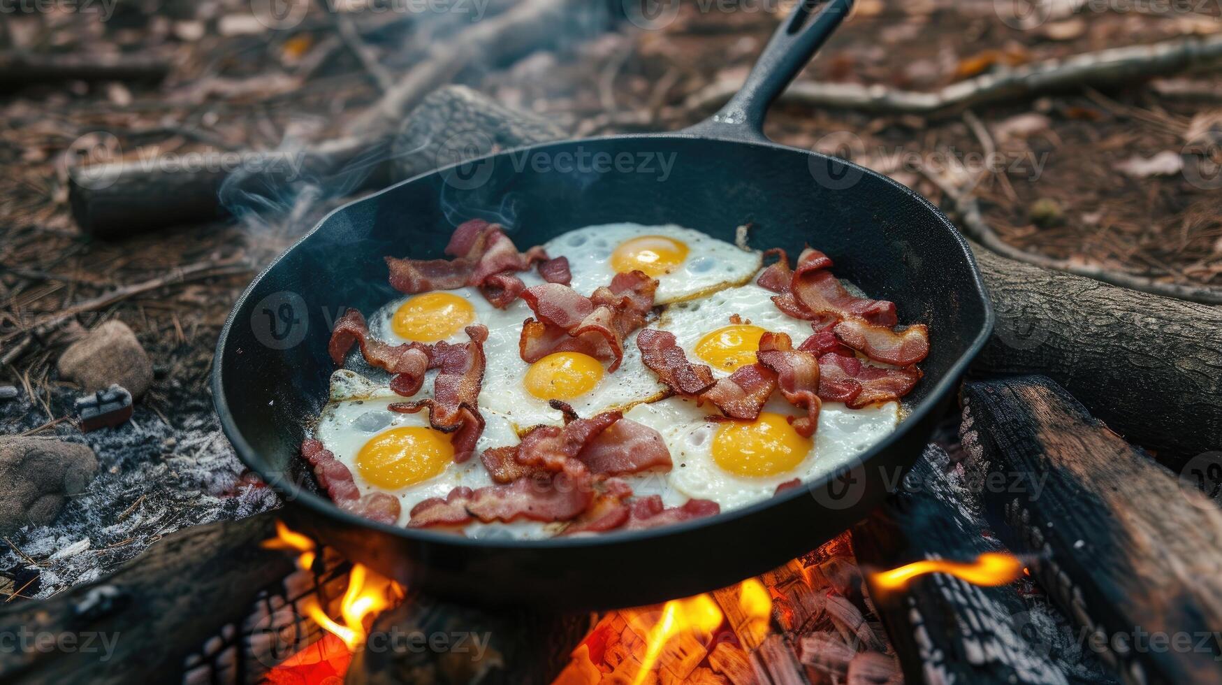 AI generated bacon and eggs sizzling in a cast iron skillet, Ai Generated. photo