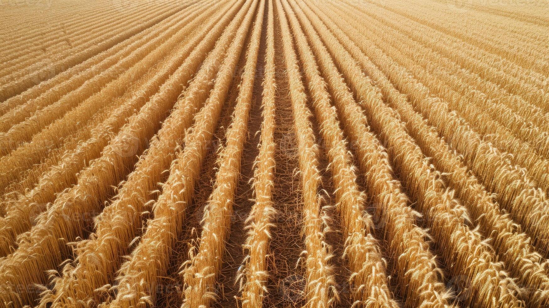 ai generado aéreo ver vitrinas dorado trigo campos en lleno cosecha estación, un generosidad de abundancia, ai generado foto