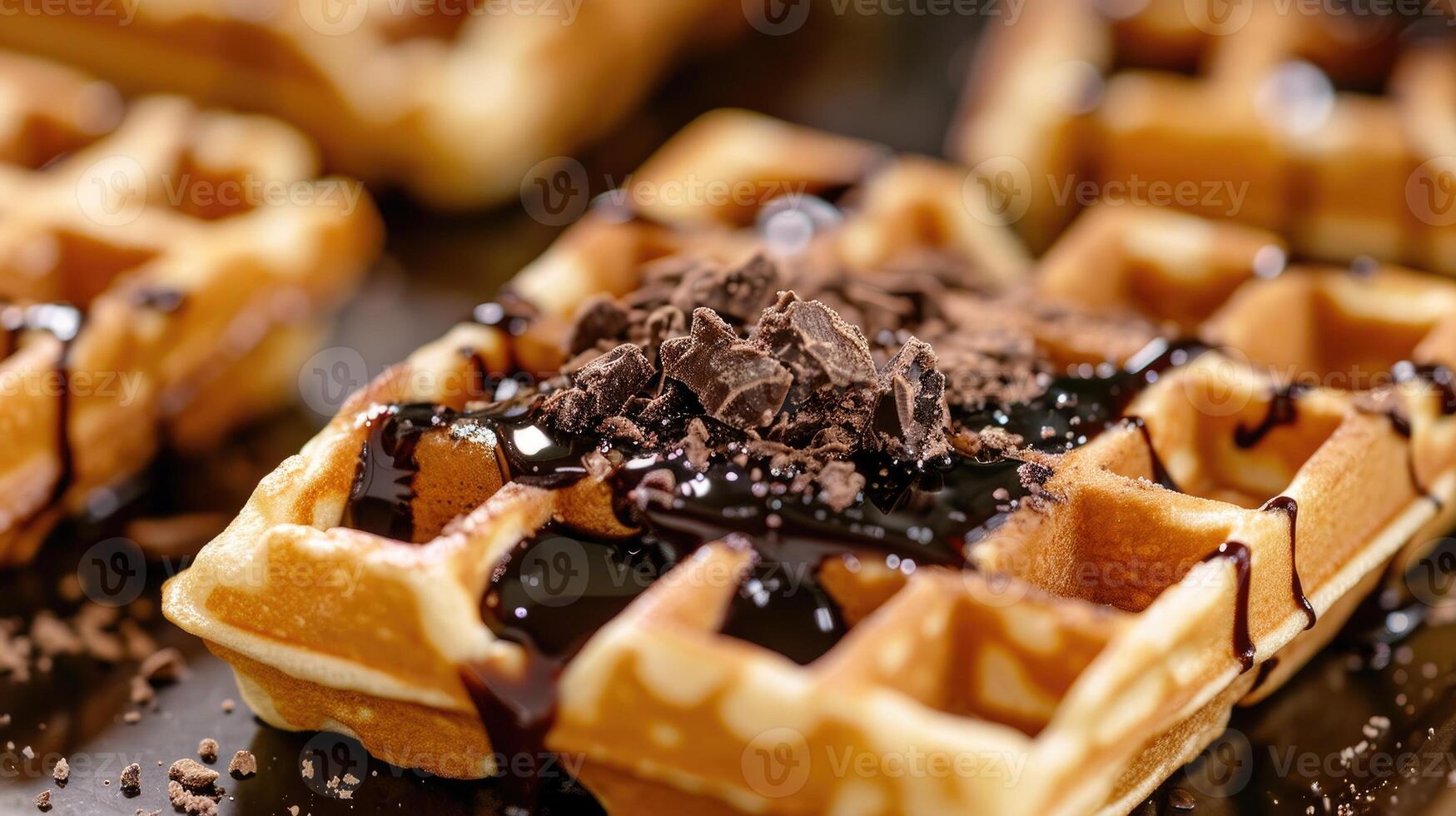 AI generated Tasty Belgian waffles, baked to perfection, adorned with luscious chocolate syrup, Ai Generated. photo