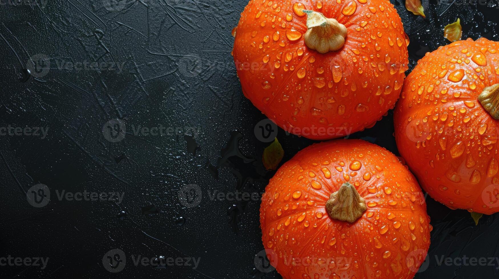 AI generated Vibrant orange pumpkins with water drops on a black background, a fresh autumnal allure, Ai Generated. photo