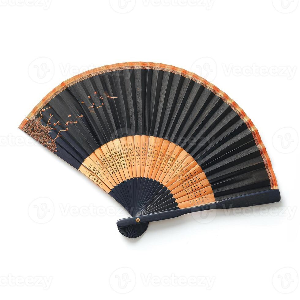 AI generated Elegant silk fold out traditional Japanese fan with decorative stitching isolated on a white background, Ai Generated. photo