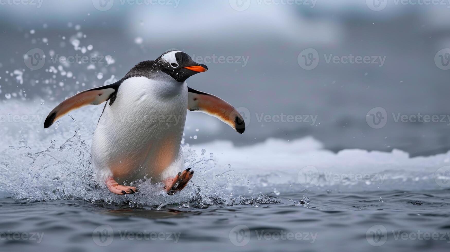 AI generated Playful penguin slides gracefully on the ice, enjoying a moment of icy delight, Ai Generated. photo