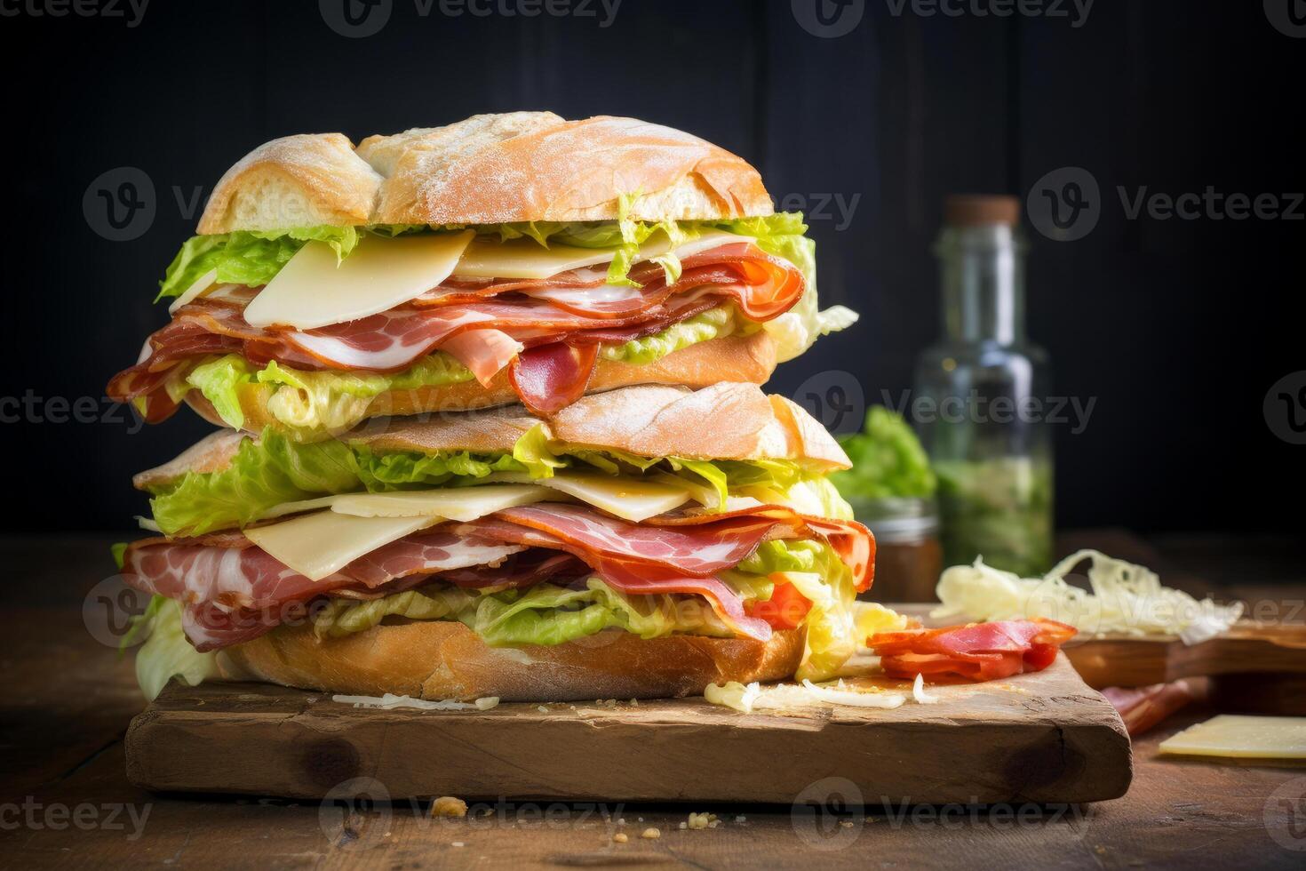 AI generated Sandwiches with bacon, salami, prosciutto, and fresh vegetables on a rustic wooden cutting board AI Generated photo