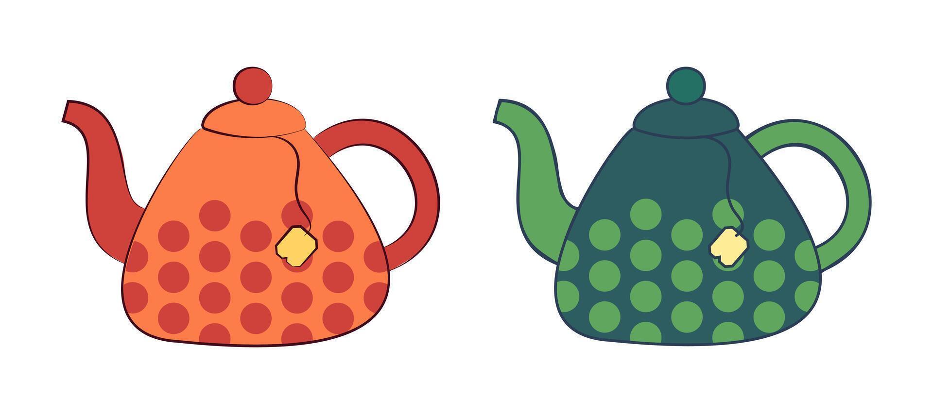 A collection of teapots with different stroke widths. Crockery with a pattern of circles. Tea bag in the kettle. vector