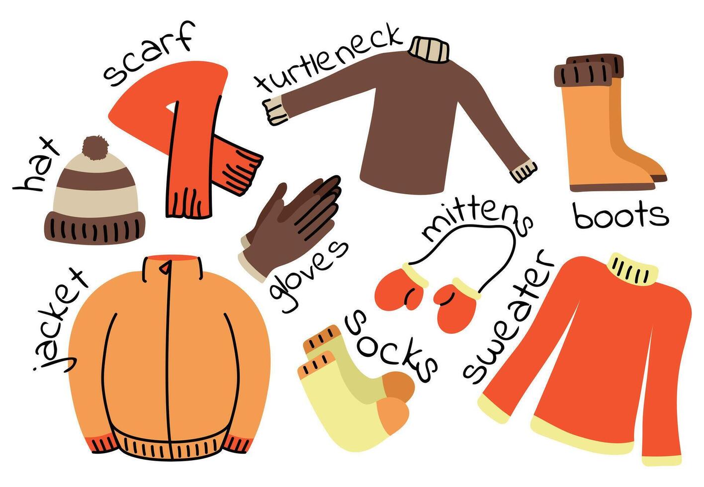 Set of clothes with the name of the element. Color image. Warm outerwear. A collection of winter things for learning words in English. Vector illustration.