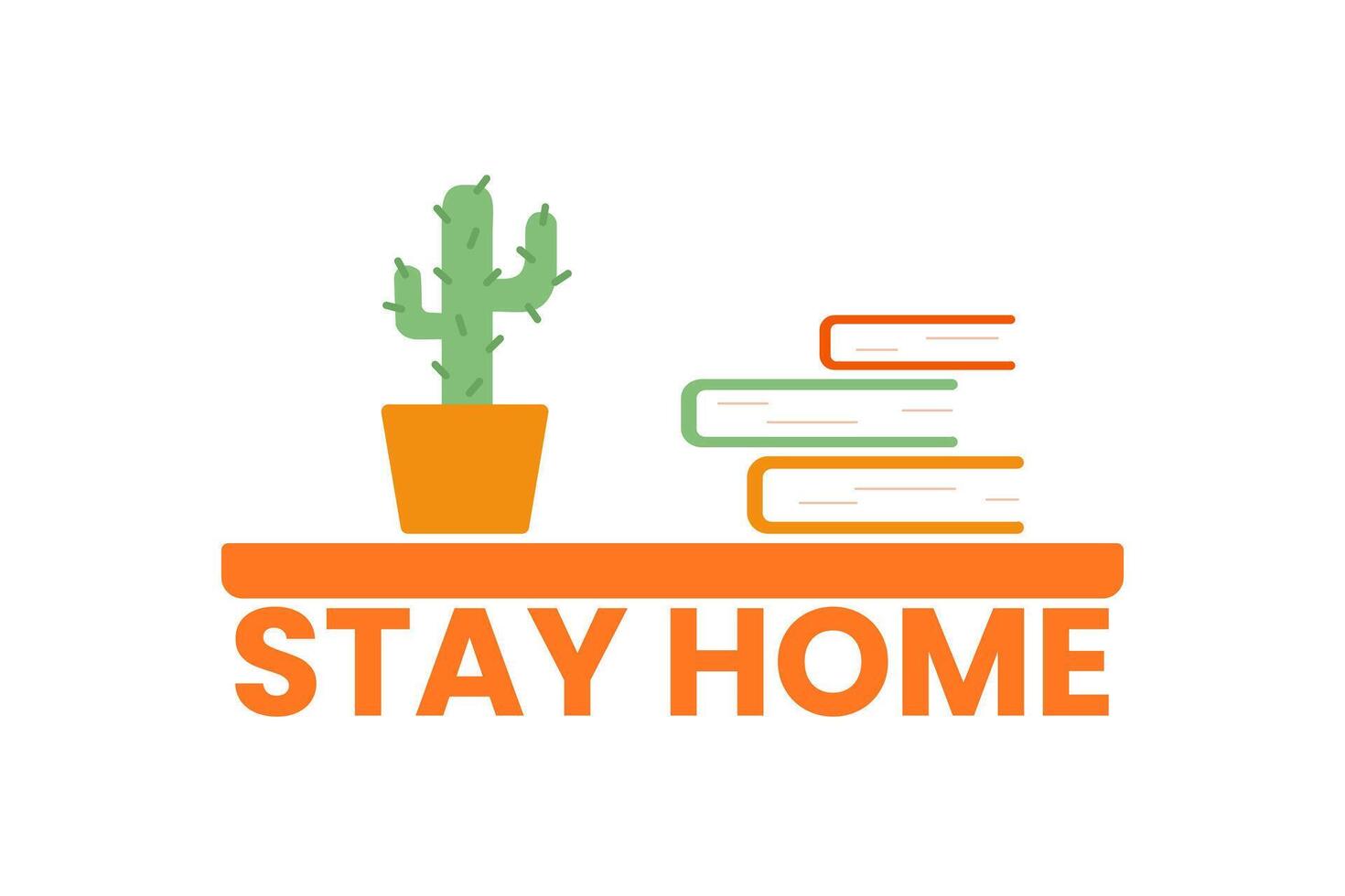 Isolated illustration of a shelf with a cactus, a stack of books and text Stay home. Home interior, home office. Remote work in quarantine. Distant work. Vector illustration