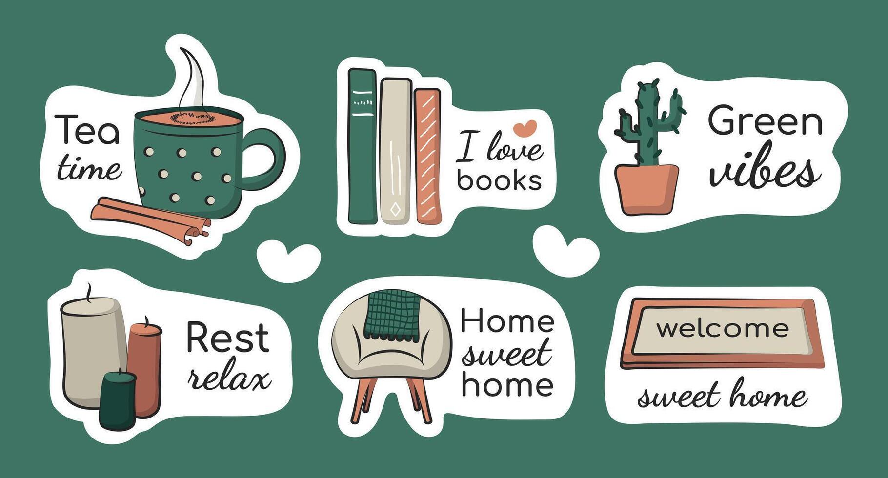 Comfort at home and relaxation. Stickers with quotes. Tea with cinnamon in a cup. Books, home plant and candles. Home chair. Rug Welcome. Hygge style. Vector illustration.