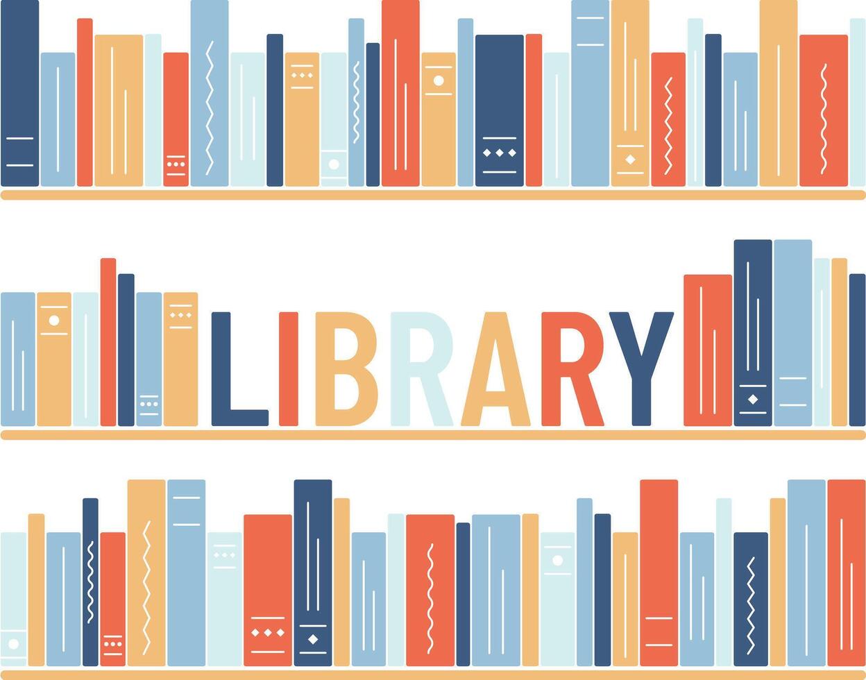 Bookshelves with the word Library on a white background. Library illustration. Literature, reading, knowledge, education. Vector illustration.