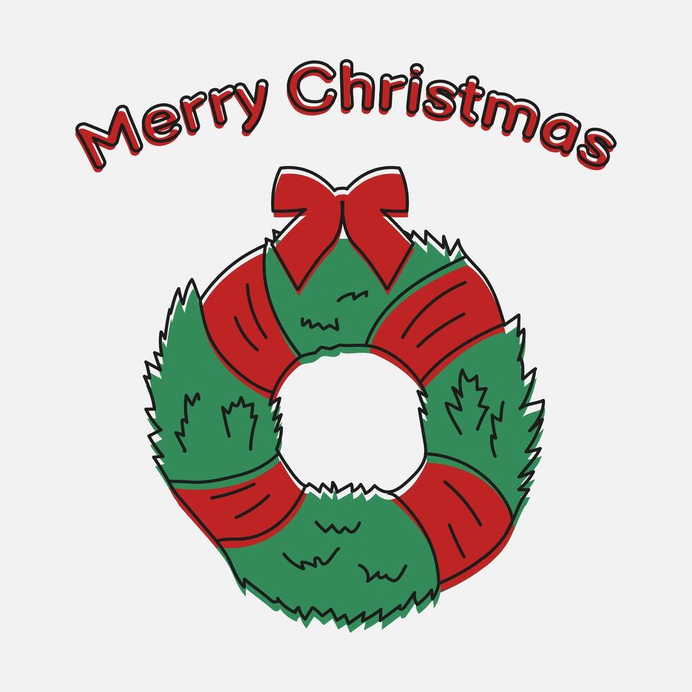 Christmas wreath of coniferous branches wrapped in red ribbon. Text Merry Christmas. Wreath on the door vector