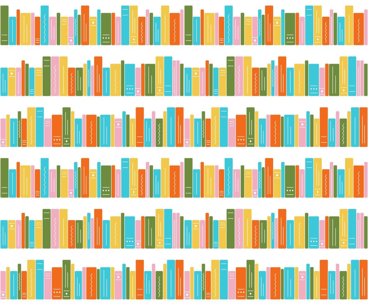 Seamless pattern of bookshelves on a white background. Illustration of bright books, children's library. Literature, reading, knowledge, learning. Vector illustration.