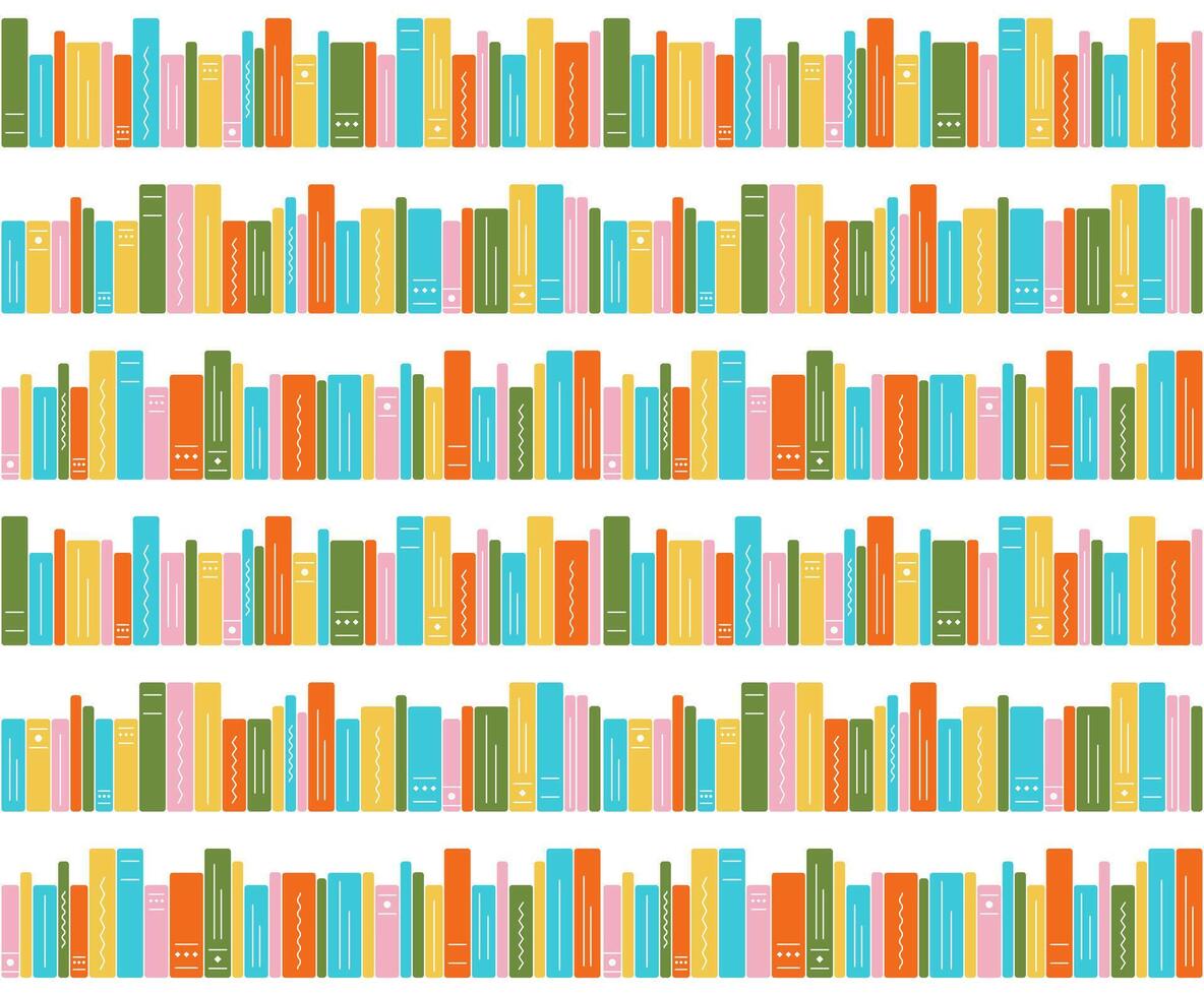 Seamless pattern of bookshelves on a white background. Illustration of bright books, children's library. Literature, reading, knowledge, learning. Vector illustration.