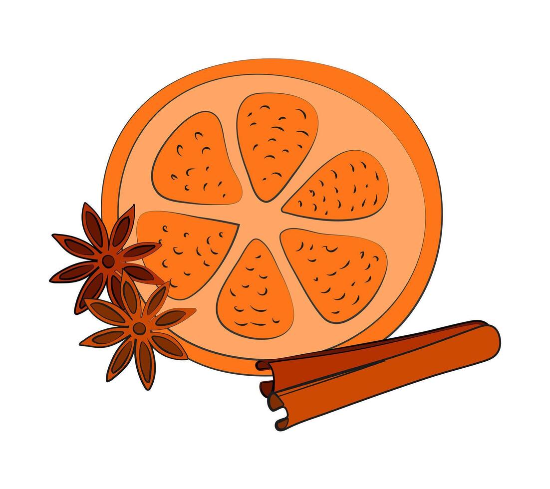 Illustration of a slice of orange, star anise and cinnamon sticks. Spices for Christmas drinks and pastries. vector
