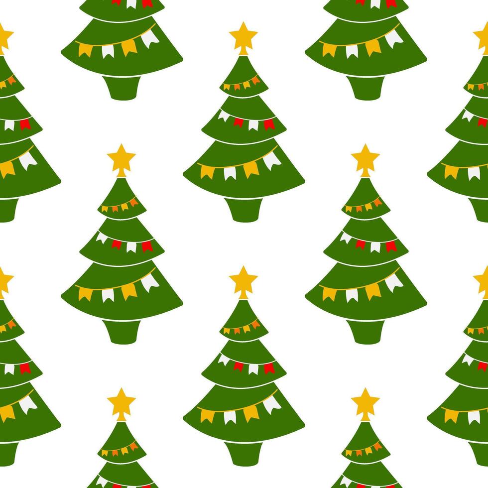 Seamless pattern Christmas tree with flags and star. Decorated coniferous tree. Christmas pattern. vector