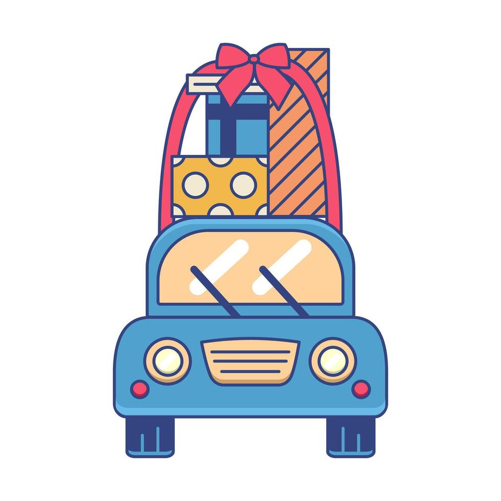 The blue car carries gifts. Gifts are tied with a bow. Preparation for the holiday. New Year Sale. Christmas rush vector