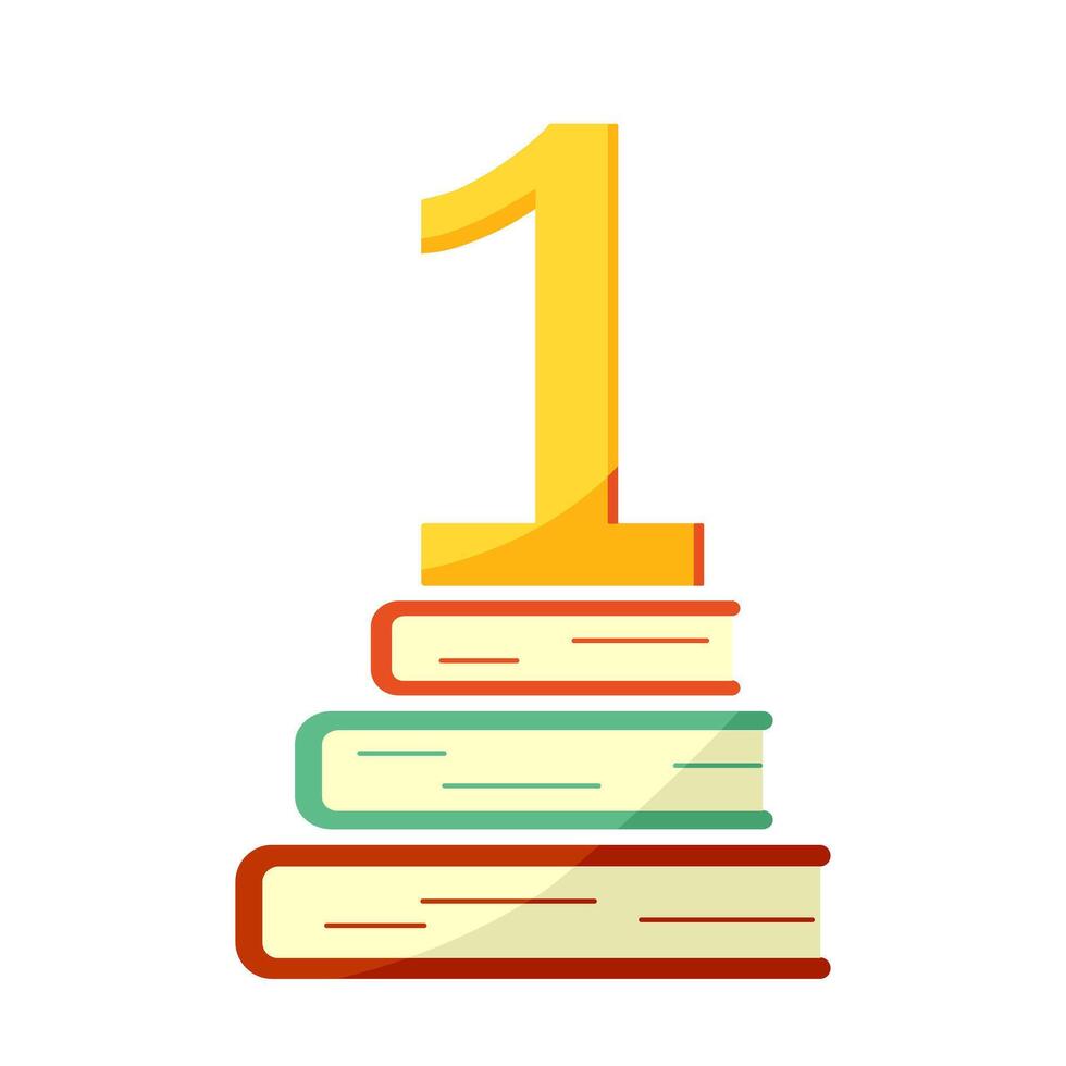 Illustration of a stack of books with a golden first number. First place in the Olympics. Knowledge and education. School, university. Vector illustration.