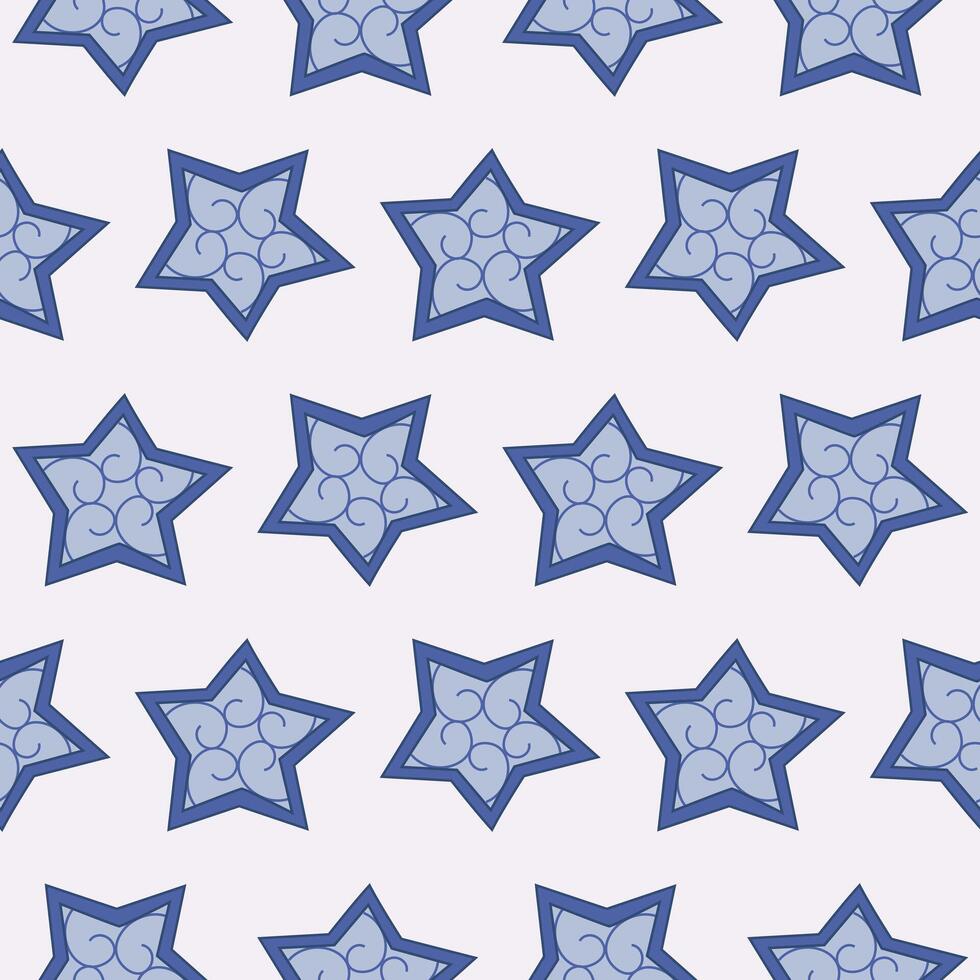 Seamless pattern of blue stars with a winter pattern on a light background. Stars with a frosty pattern of squiggles. vector