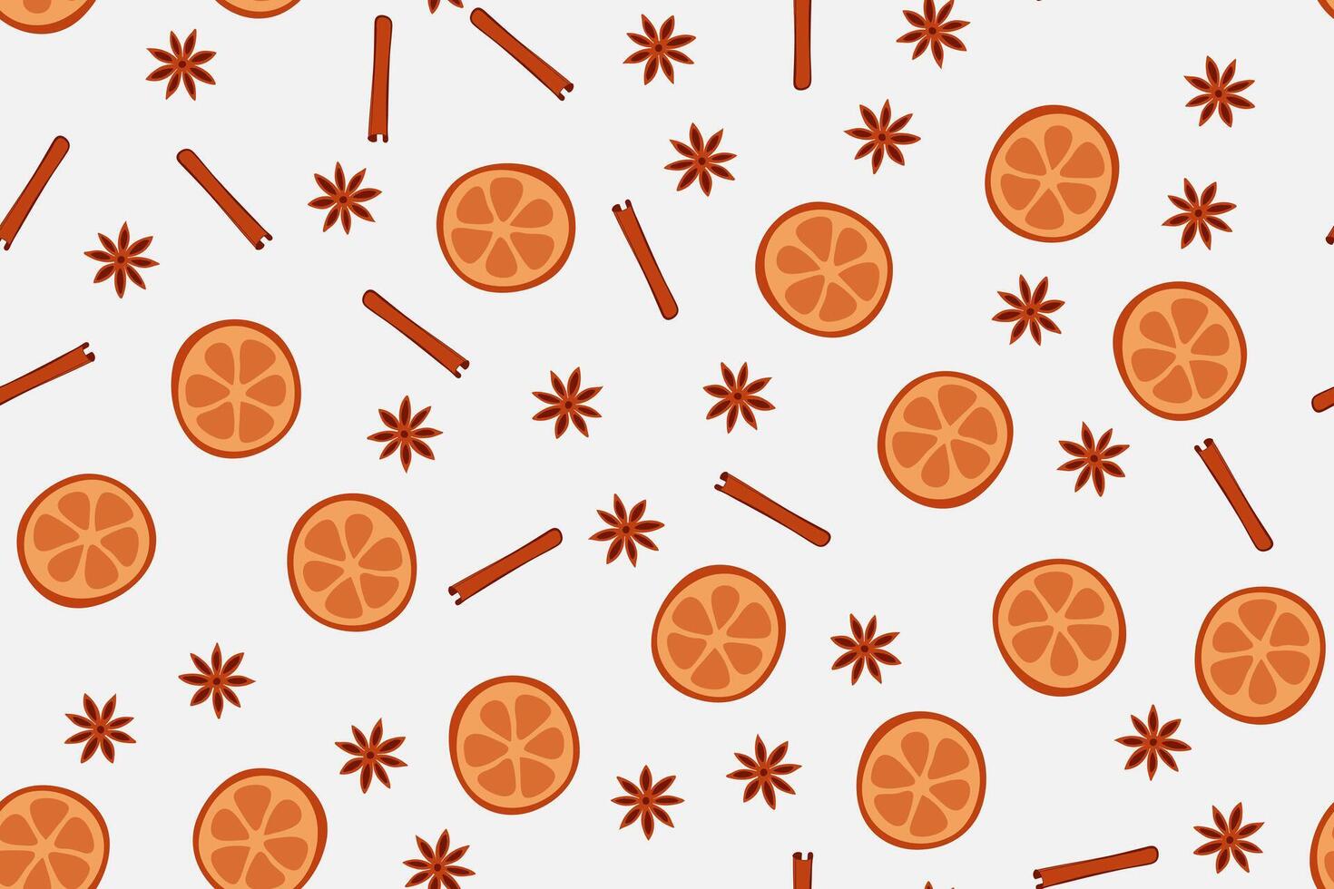 A piece of orange, star anise and a cinnamon stick. Seamless pattern in flat design. vector