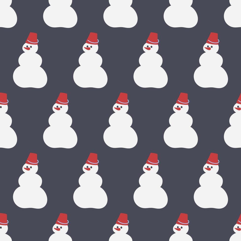 Seamless pattern of snowmen on a dark background. Snow, carrots, bucket. Winter entertainment in the cold season vector