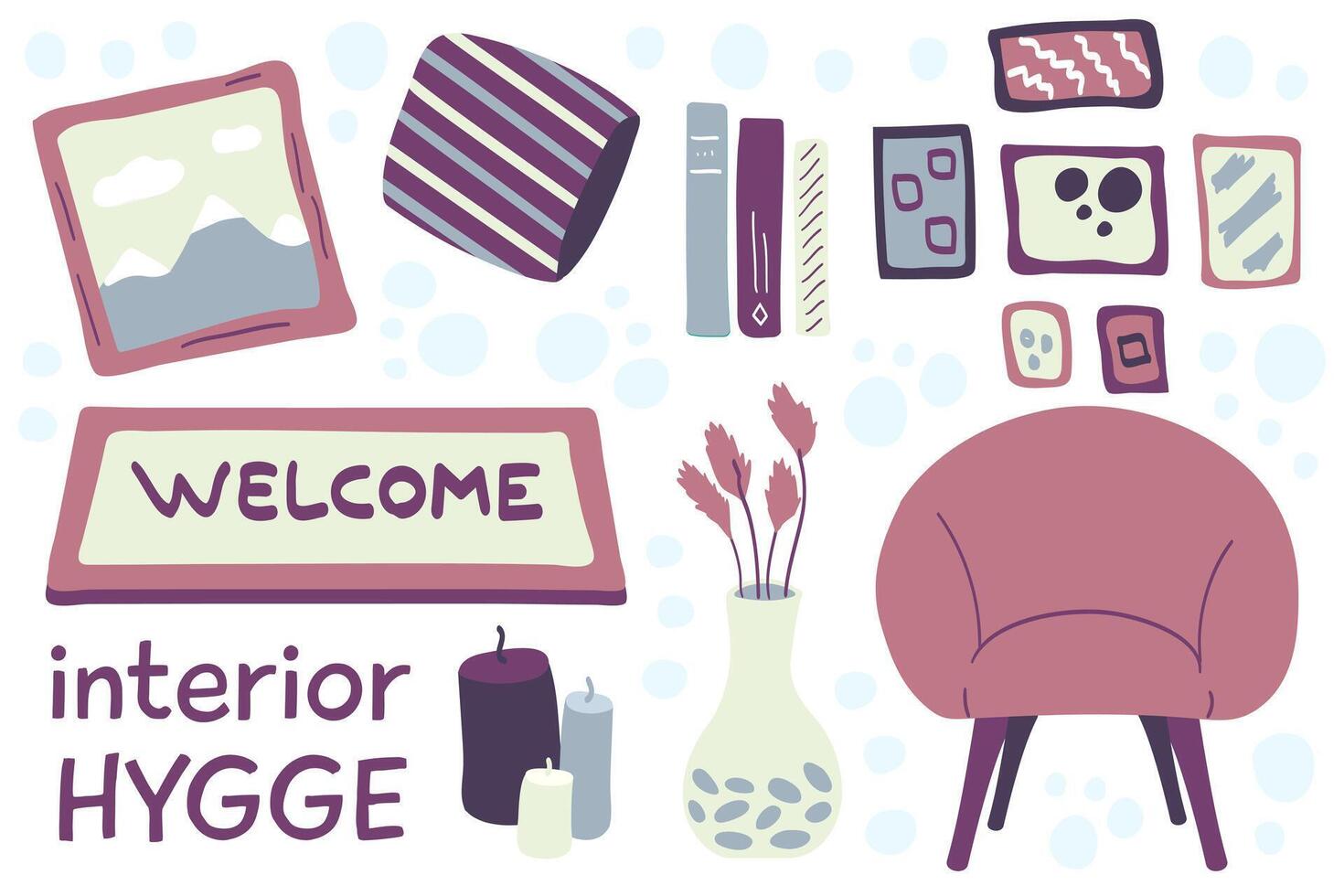 Set of Hygge interior items - an armchair, a houseplant, candles, a carpet Welcome, a striped pillow, a lot of photos, a picture, books. Cozy room, homely atmosphere. Vector illustration