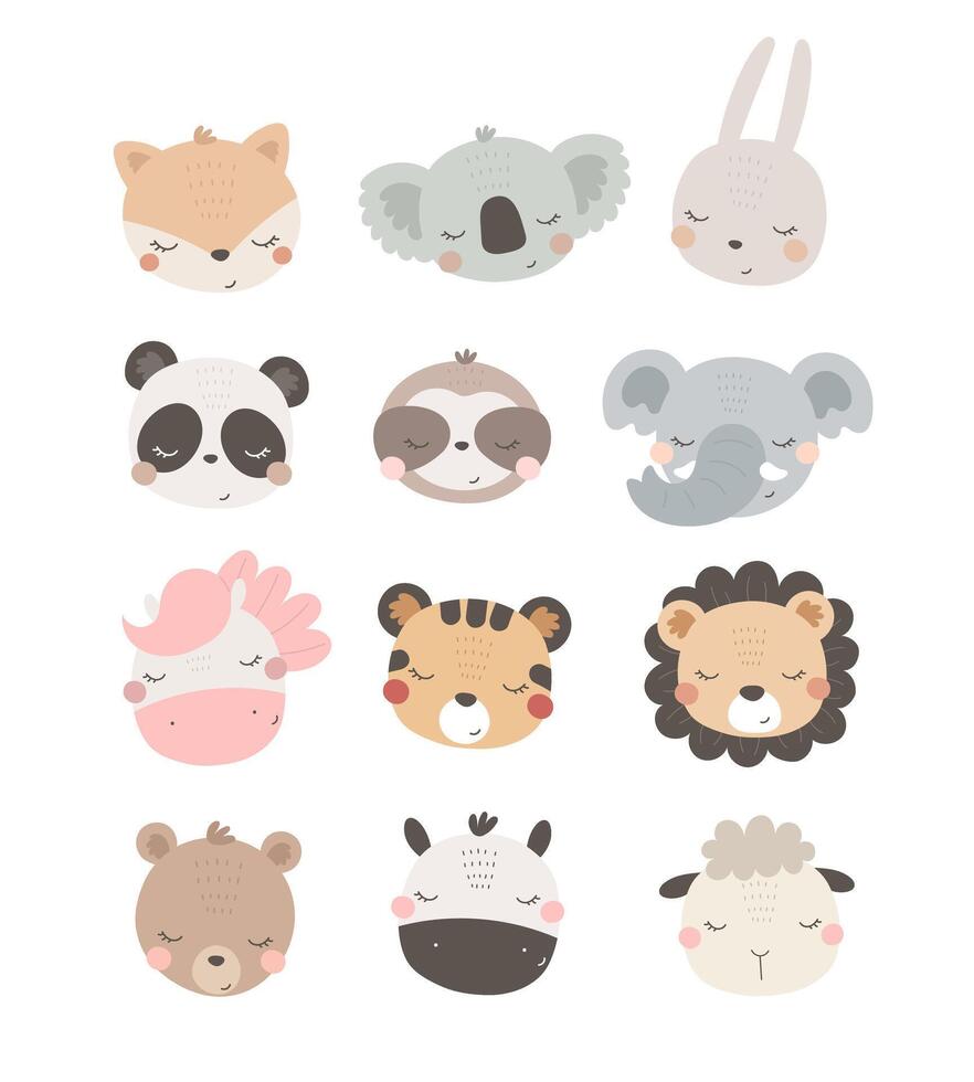 Cartoon set with cute animals. Hand drawing illustration. vector