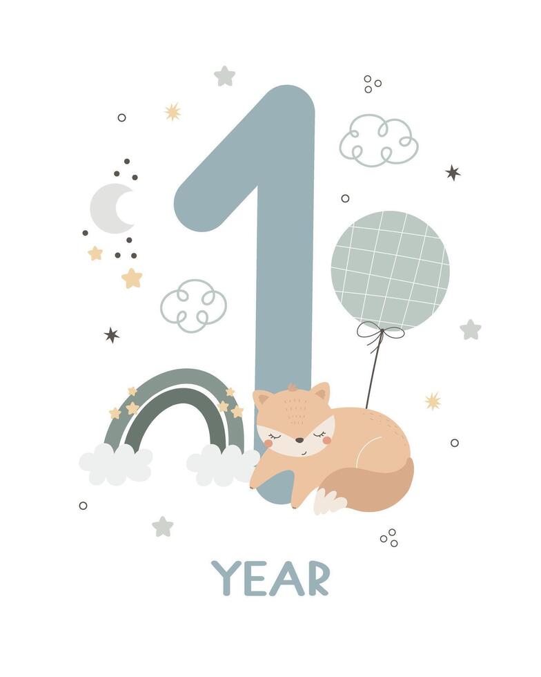 Baby milestone card. Cartoon fox, number, hand drawing lettering, decor elements. Colorful vector illustration, flat style. design for greeting cards, print, poster
