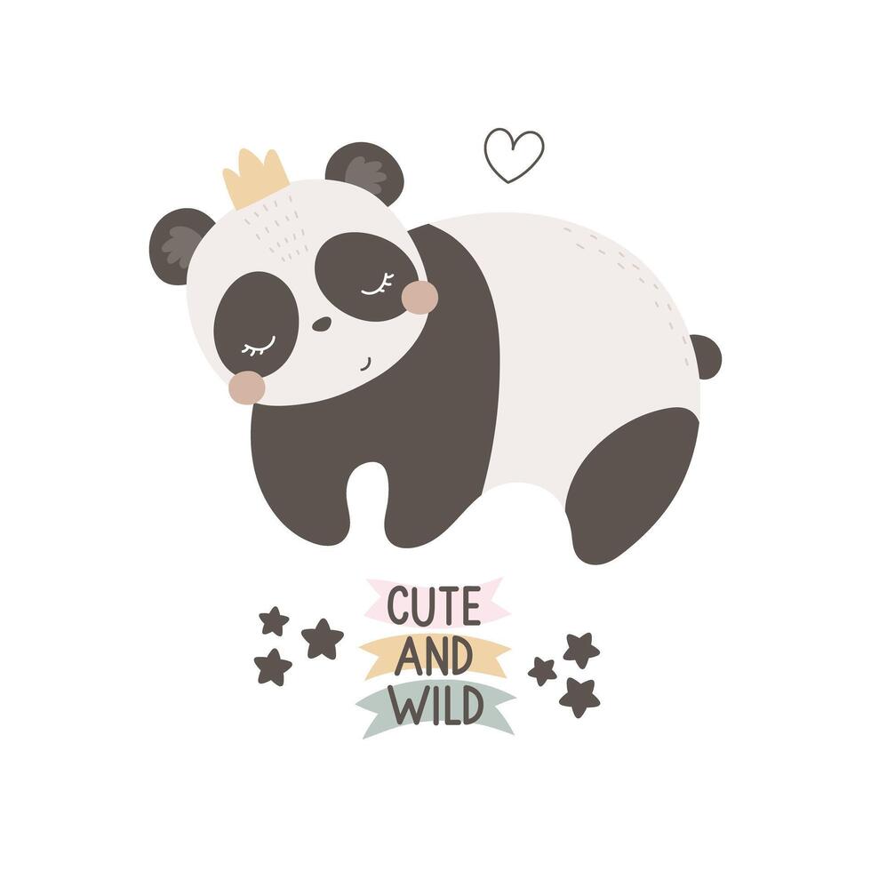 Cute and wild. cartoon panda, hand drawing lettering, decorative elements. flat style, colorful vector for kids. baby design for cards, poster decoration, t-shirt print