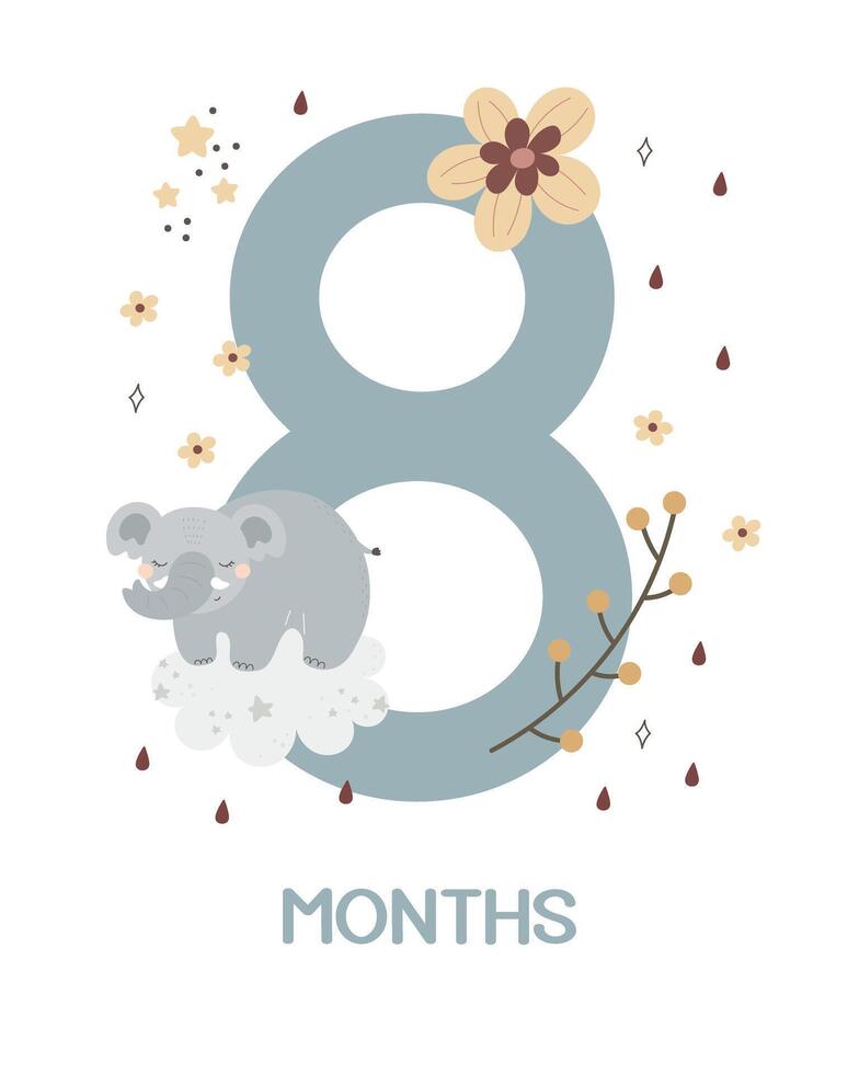 Baby milestone card. Cartoon elephant, number, hand drawing lettering, decor elements. Colorful vector illustration, flat style. design for greeting cards, print, poster