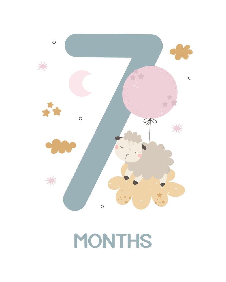 Baby milestone card. Cartoon sheep, number, hand drawing lettering, decor elements. Colorful vector illustration, flat style. design for greeting cards, print, poster