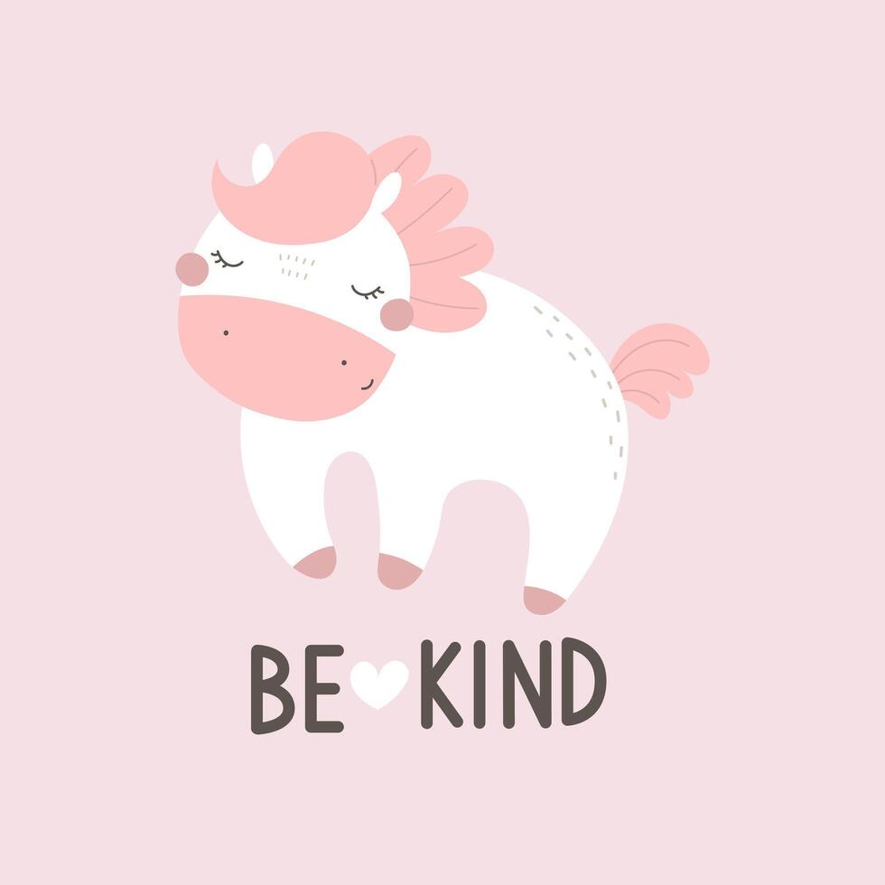 Be kind. Cartoon unicorn, hand drawing lettering. colorful vector illustration, flat style. design for print, greeting card, poster decoration, cover