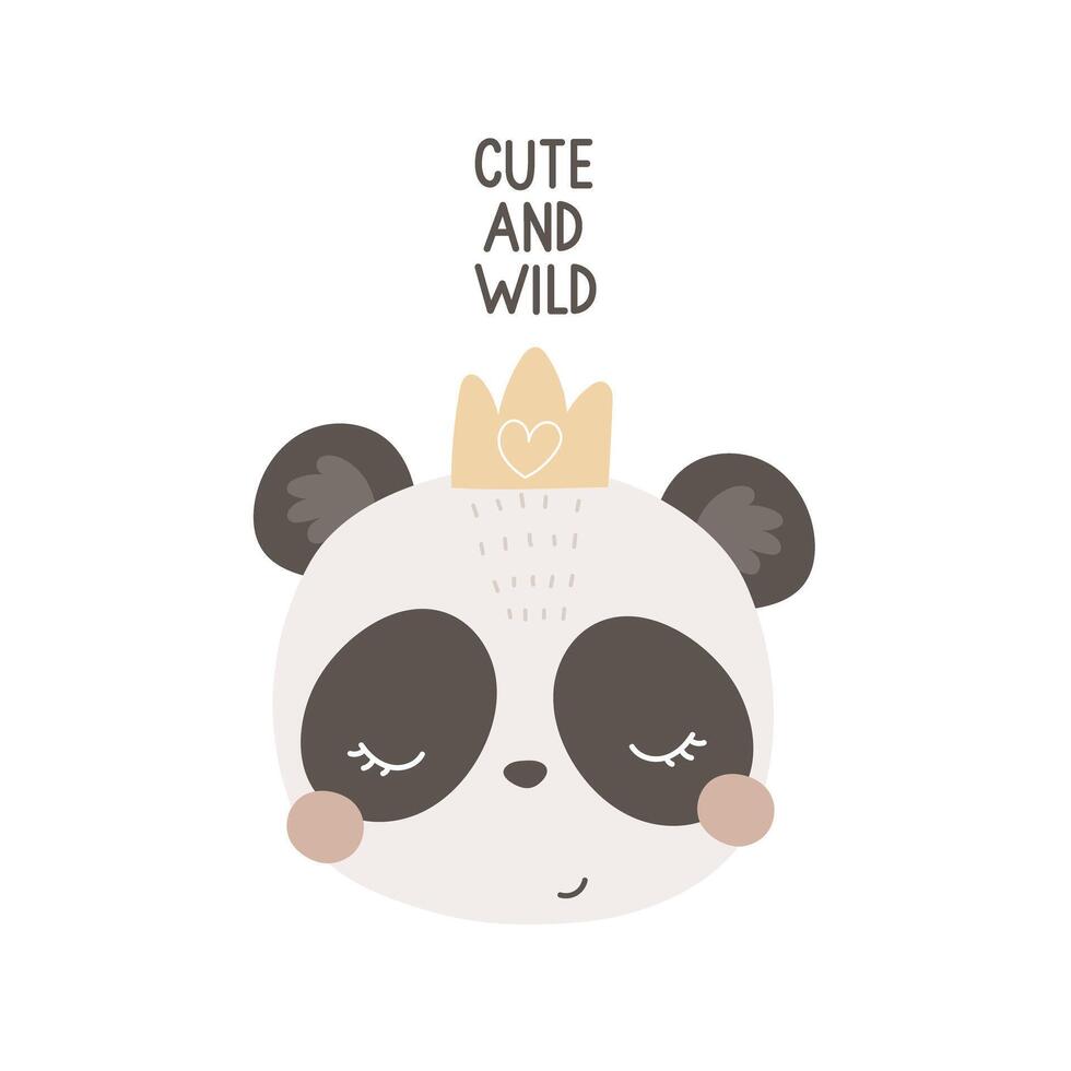 Cute and wild. cartoon panda, hand drawing lettering, decorative elements. flat style, colorful vector for kids. baby design for cards, poster decoration, t-shirt print