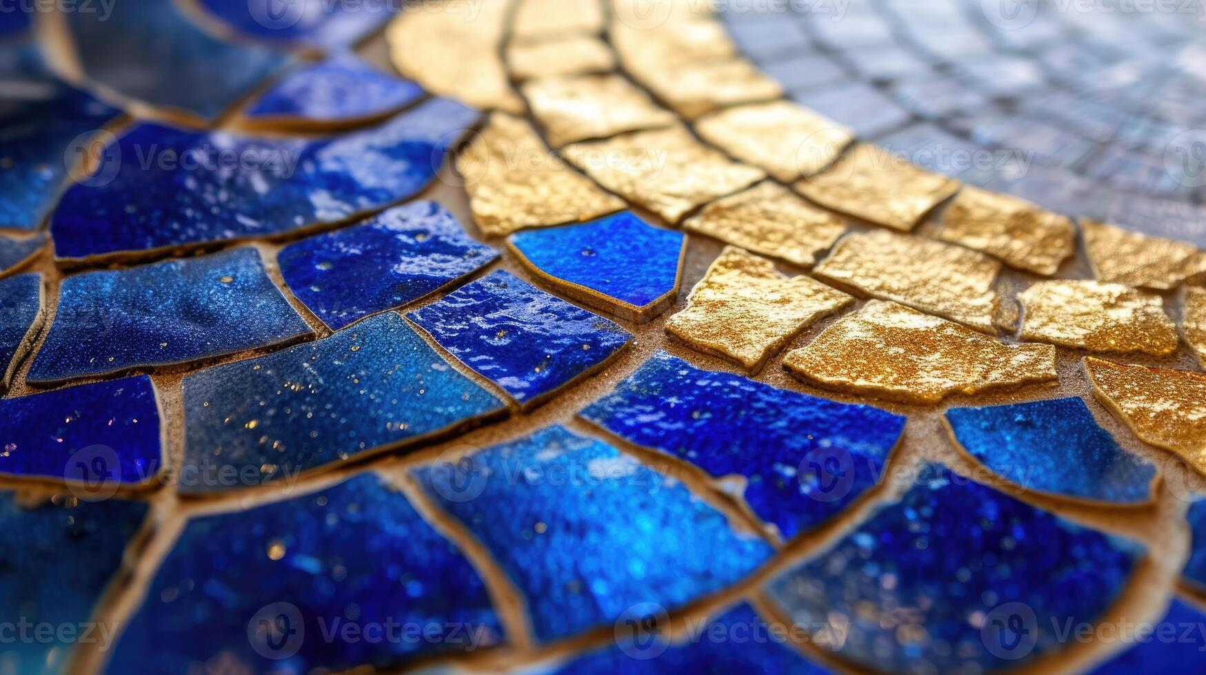 AI generated Intricate mosaic tile showcases rich gold and deep blue hues up close. Ai Generated. photo