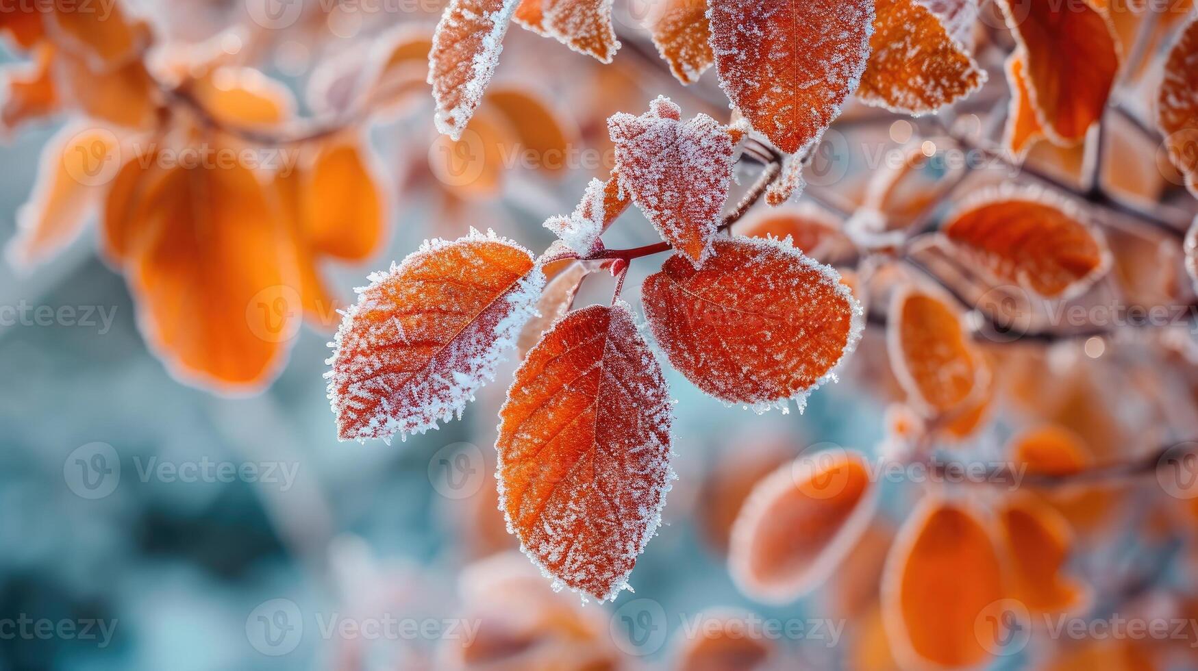 AI generated Late autumn reveals a beautiful scene with bright orange leaves covered in frost, Ai Generated. photo