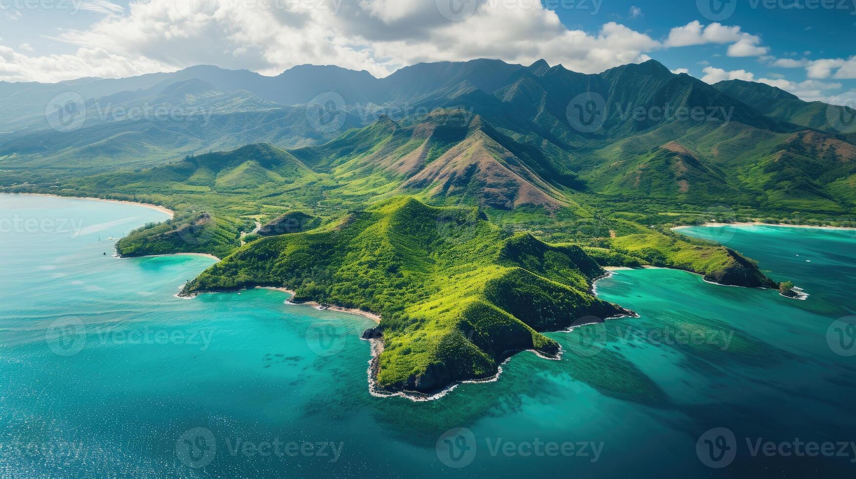 AI generated Aerial view captures a stunning island with lush green mountains and azure waters, Ai Generated photo