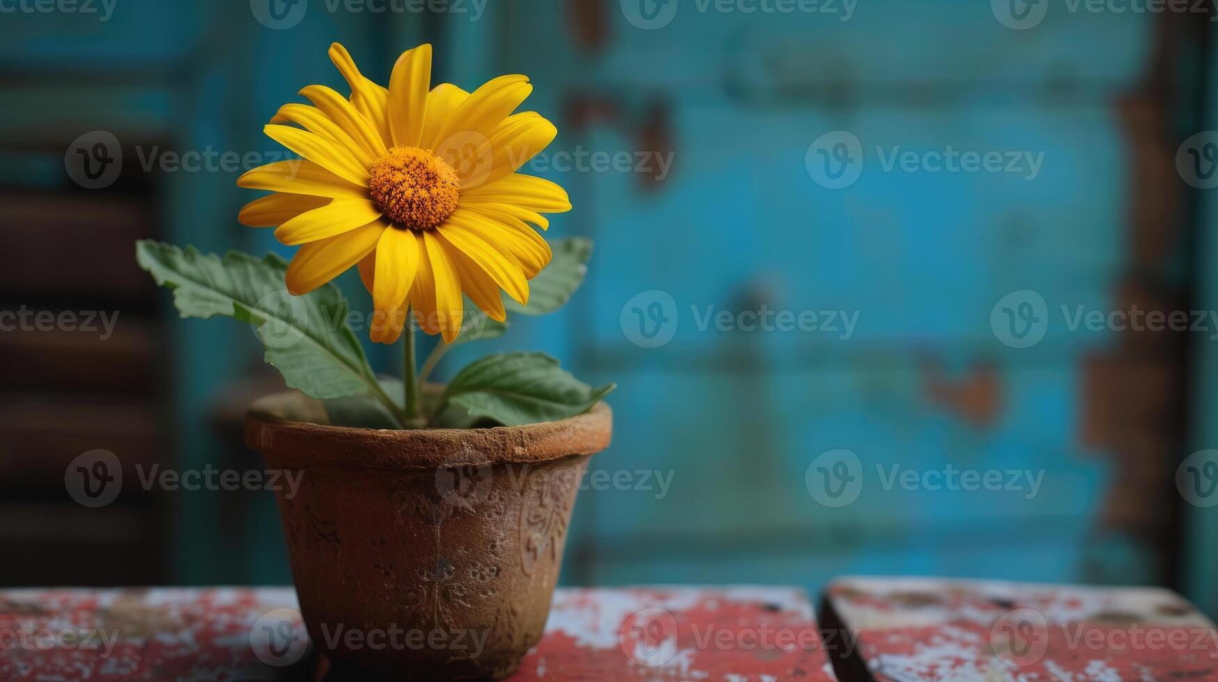 AI generated A cheerful yellow flower blooms in a pot, adorning a tabletop with vibrant beauty, Ai Generated photo