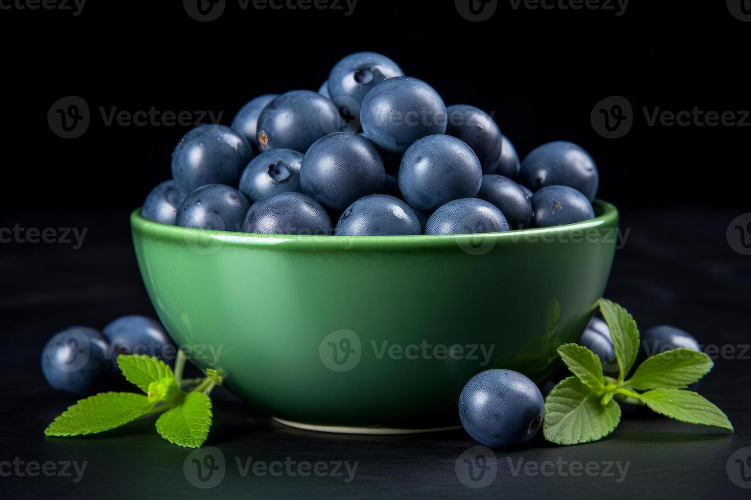 AI generated fresh blueberries and leaves AI generated photo