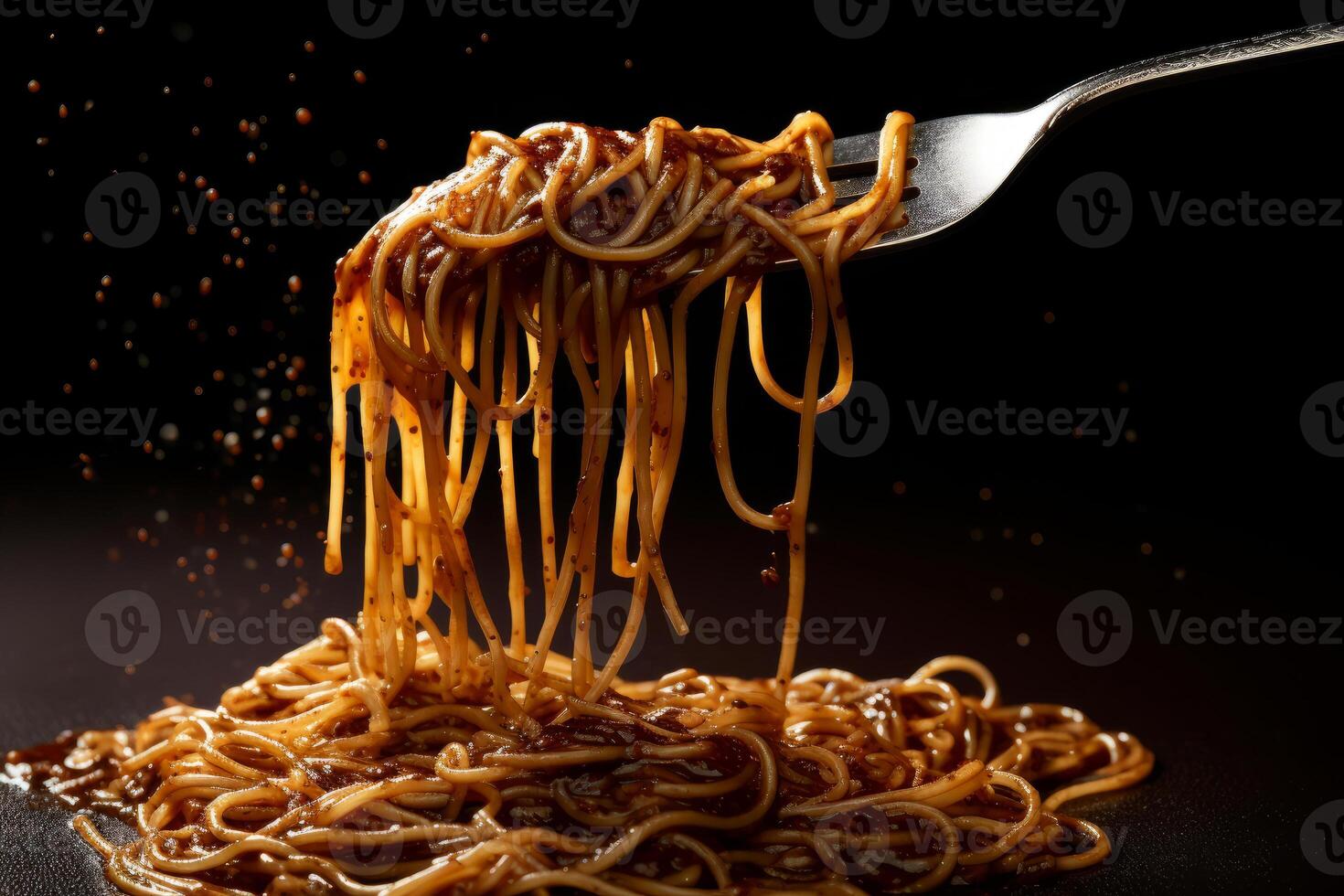 AI generated spaghetti with sauce from a fork with a garnishing photo