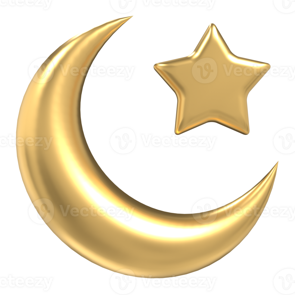 Islamic crescent moon and star icon. Golden Moon and star 3d icon. Symbol shape design for islamic concept. 3D render illustration png