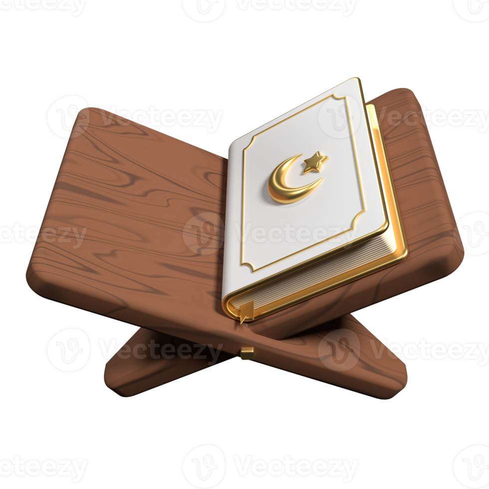 Islamic golden holy quran book with stand icon. Golden holy quran ramadan icon. 3D rendering holy quran isolated. Quran 3d icon illustration png