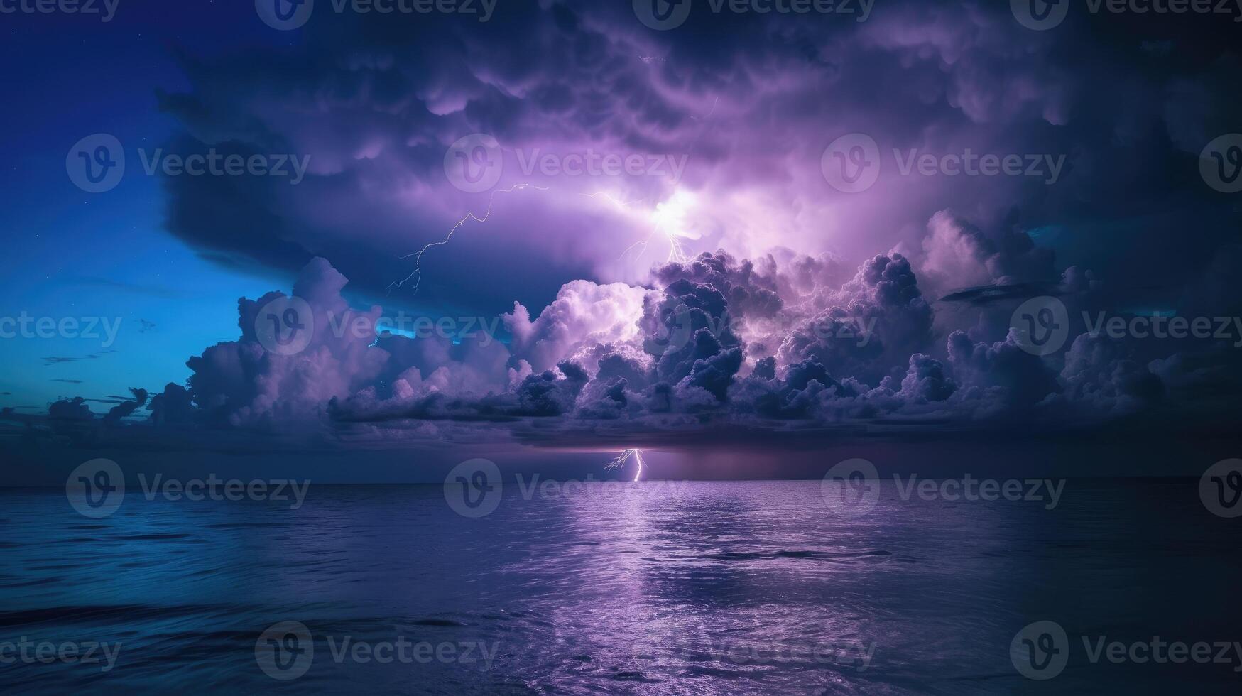 AI generated Fierce lightning storm illuminates the vast ocean expanse, nature's electrifying spectacle, Ai Generated photo