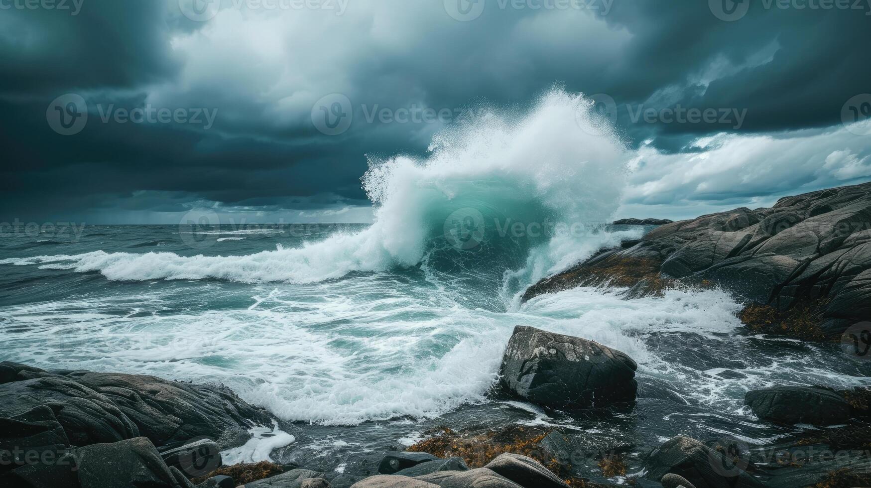 AI generated Powerful wave crashes against rocky shore under stormy skies, nature's fierce display, Ai Generated photo