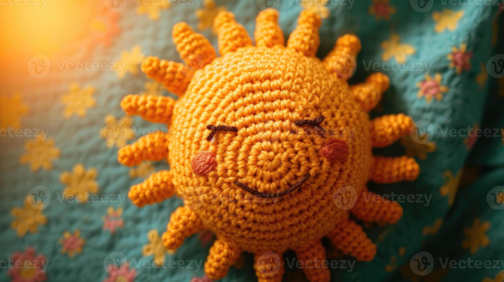 AI generated Crocheted sun toy vibrant backdrop, handcrafted and adorable, Ai Generated photo