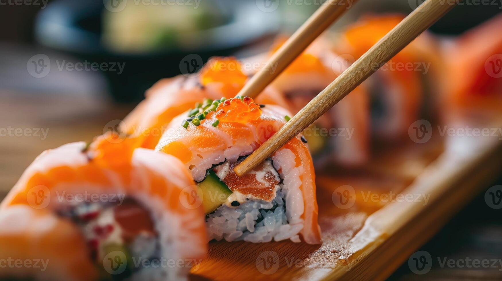 AI generated Close-up Chopsticks delicately lifting a portion of sushi roll from the table, Ai Generated. photo