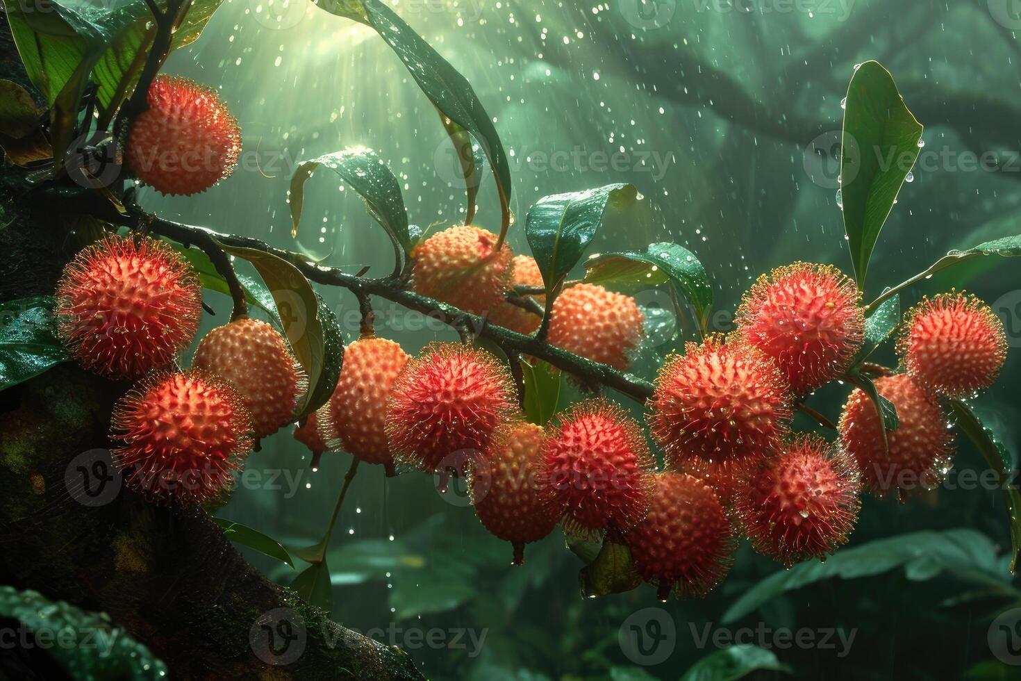 AI generated Exotic rambutan tree adorned with vibrant clusters, a tropical spectacle unfolds, Ai Generated. photo