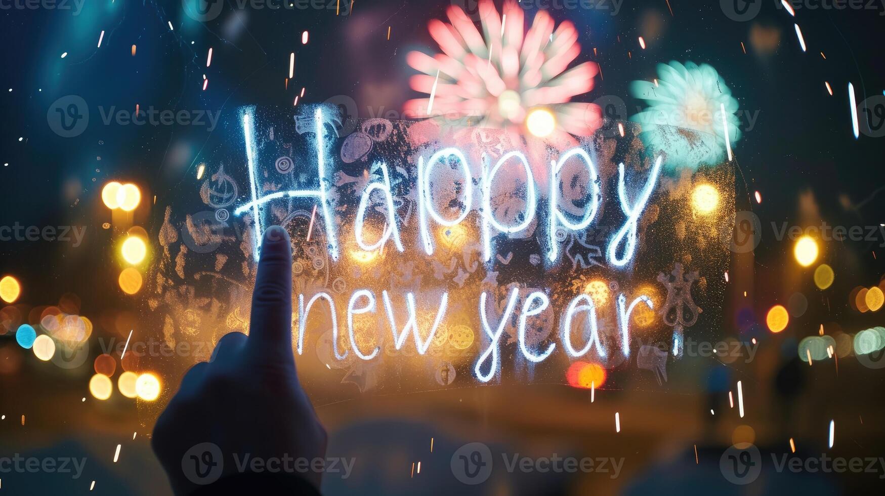 AI generated Happy New Year written on a fogged window pane with a finger, Ai Generated. photo