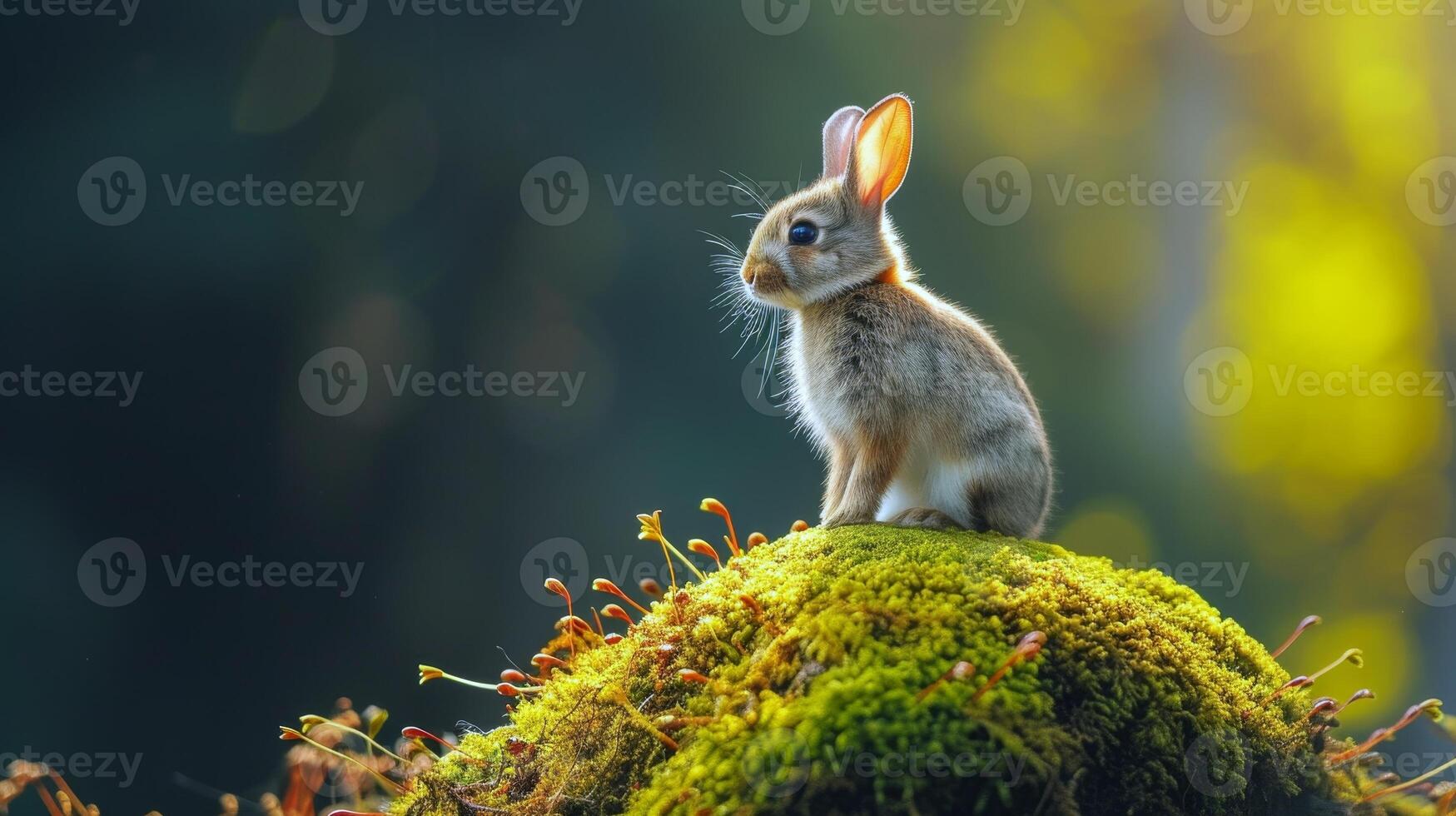 AI generated Rabbit stands on a moss-covered rock, its furry coat contrasting with the lush greenery, Ai Generated. photo