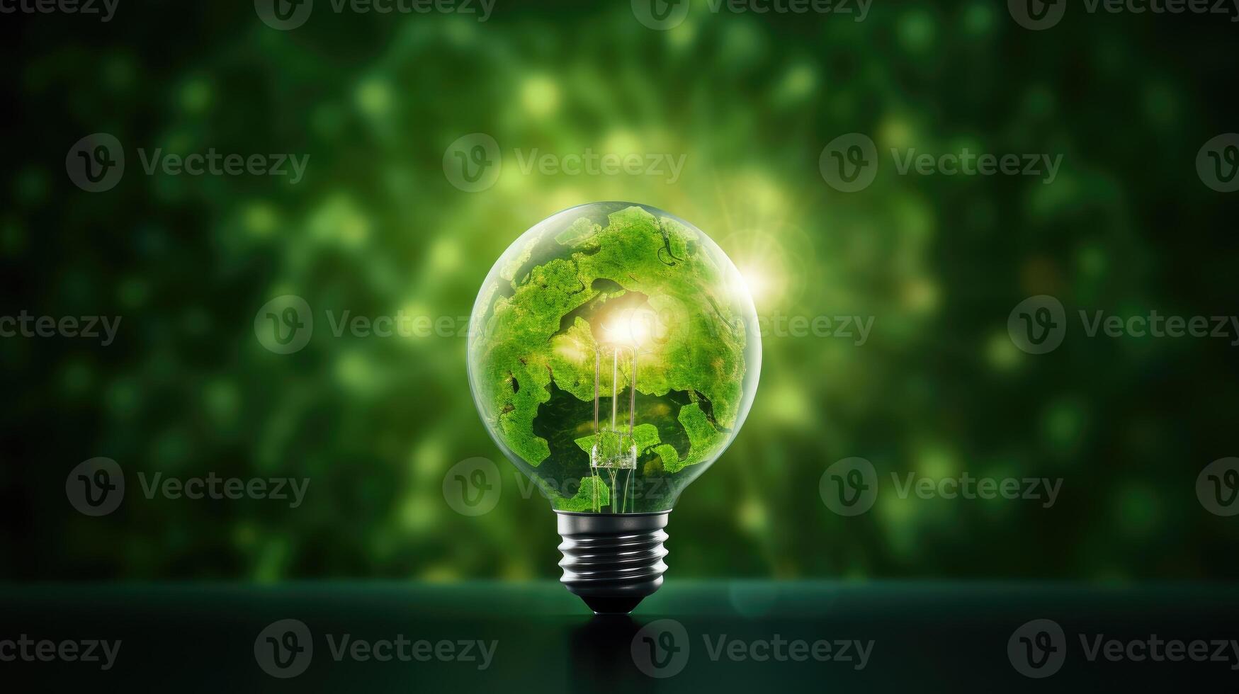 ai generado iluminar el verde energía concepto con un bombilla conformado como planeta tierra en contra un verde fondo. ai generado. foto