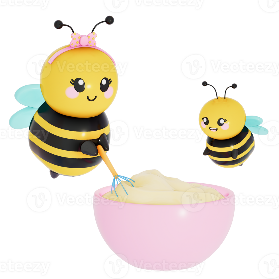 Happy Mother's day , Mom and baby bee family baking with mixing bowls on transparent background, 3D Rendering png
