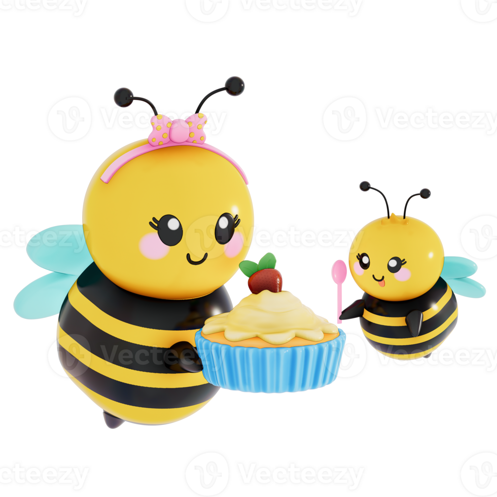 feliz mãe dia , mãe e bebê abelha família cozimento com mini Bolinho em transparente fundo, 3d Renderização png